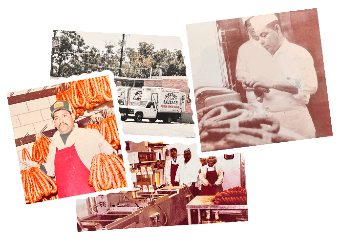 Our History Historic collage of Meyer’s Elgin Sausage production, staff, and delivery operations in Elgin Texas